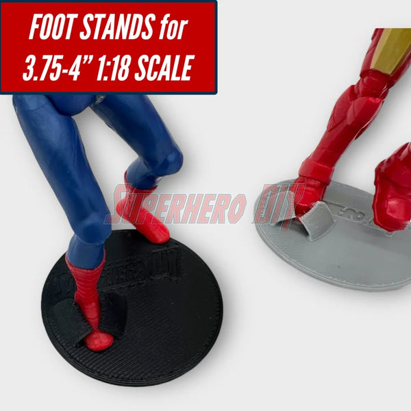 Foot Stands for 3.75-in to 4-in Action Figures with superheroes displayed on stands