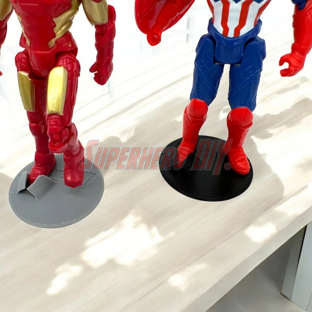 Foot Stands for 3.75-in to 4-in Action Figures displaying superheroes on a shelf, ensuring stability for 1:18 scale models.