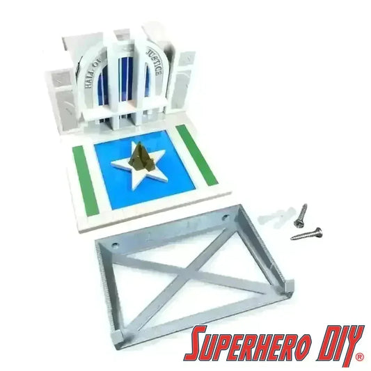 Hall of Justice floating shelf for Funko Town, includes mounting bracket and screws, perfect for DC Comics display.