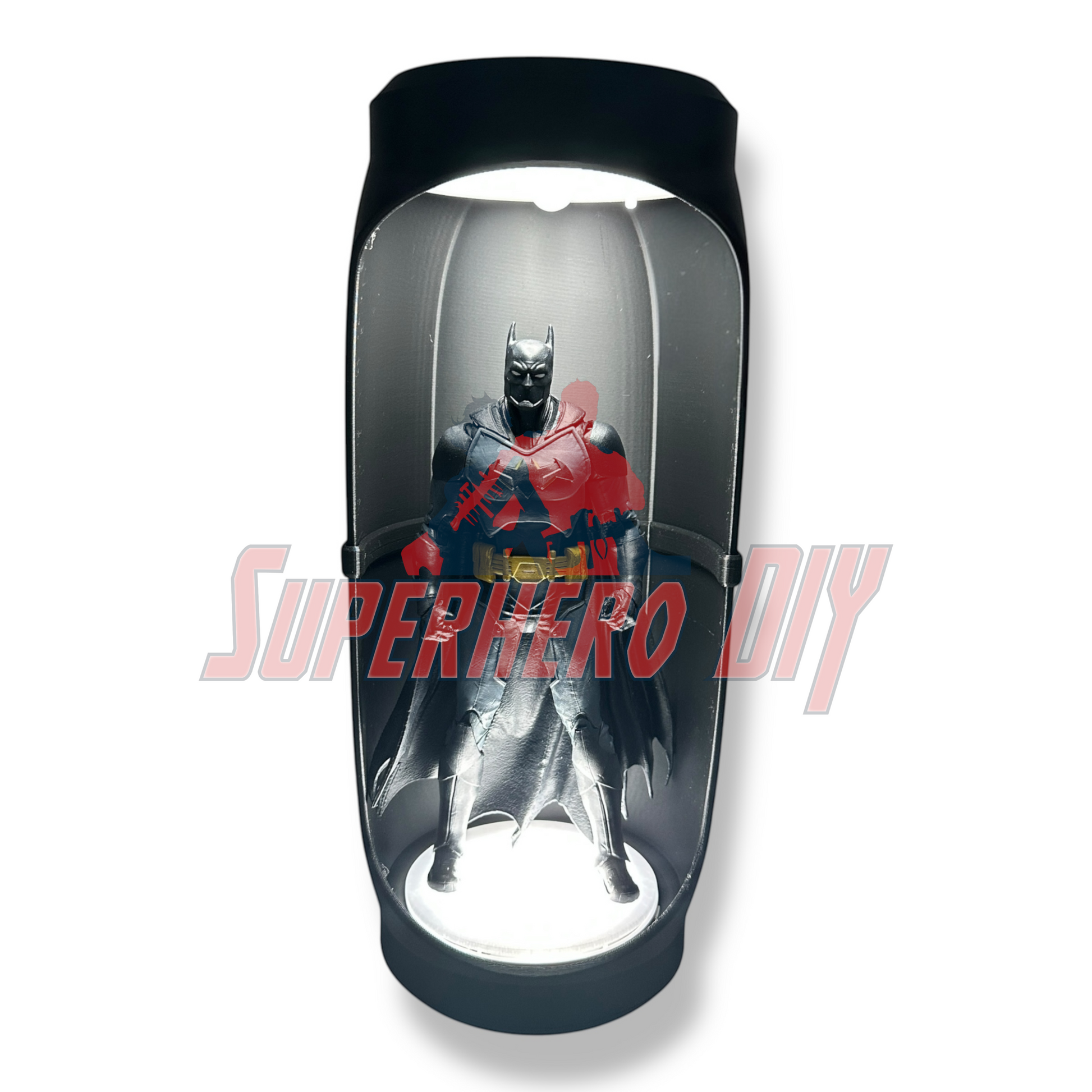 Hero Pod for 1:12 scale – Wall-Mountable Action Figure Display with light-up LED for 6-inch figures, showcasing a Batman figure.