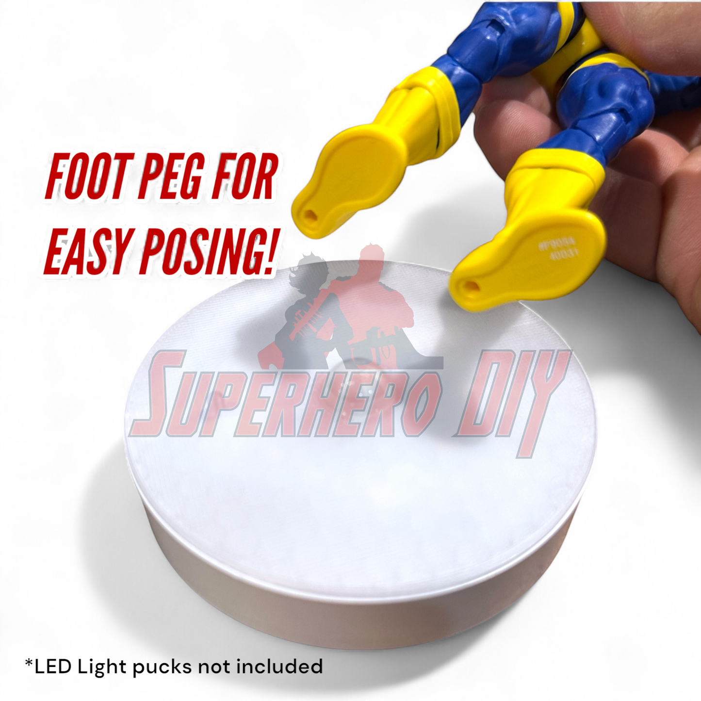 Hero Pod for 1:12 scale – Wall-Mountable Action Figure Display compatible with light-up LED pucks; foot peg shown for easy posing.