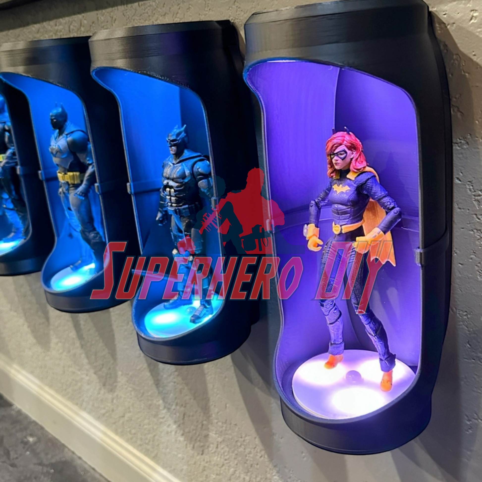 Hero Pod for 1:12 scale – Wall-Mountable Action Figure Display with LED lighting, featuring a 6-inch Batgirl and Batman setup.