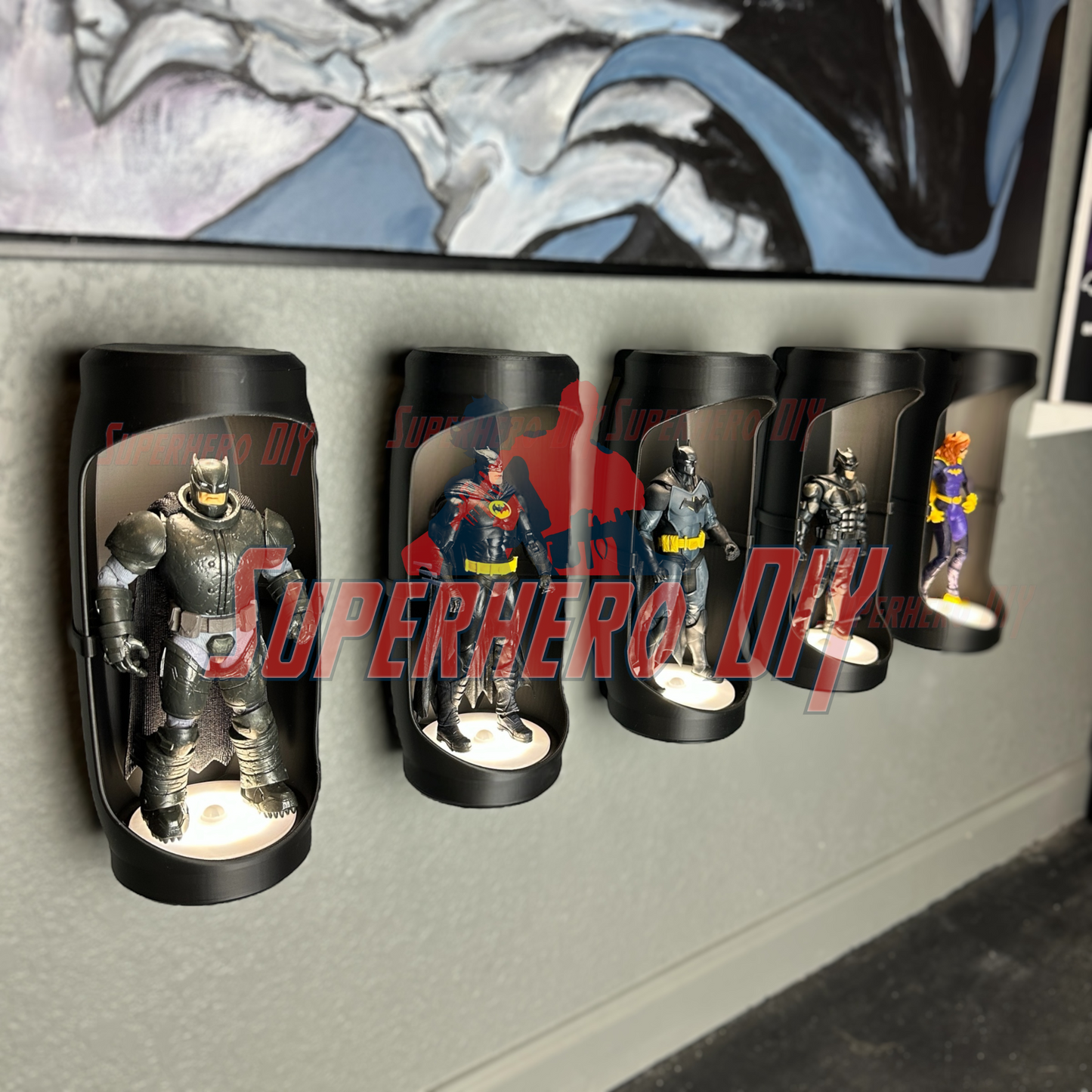 Hero Pod for 1:12 scale – Wall-Mountable Action Figure Display compatible with light-up LED pucks showcasing superhero figures.