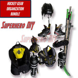 Wall-mounted hockey gear organizer bundle featuring skates, gloves, helmet, and sticks for efficient storage.