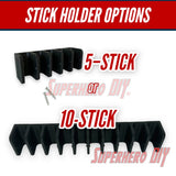 5-stick and 10-stick holder options for hockey sticks in a wall-mounted design.