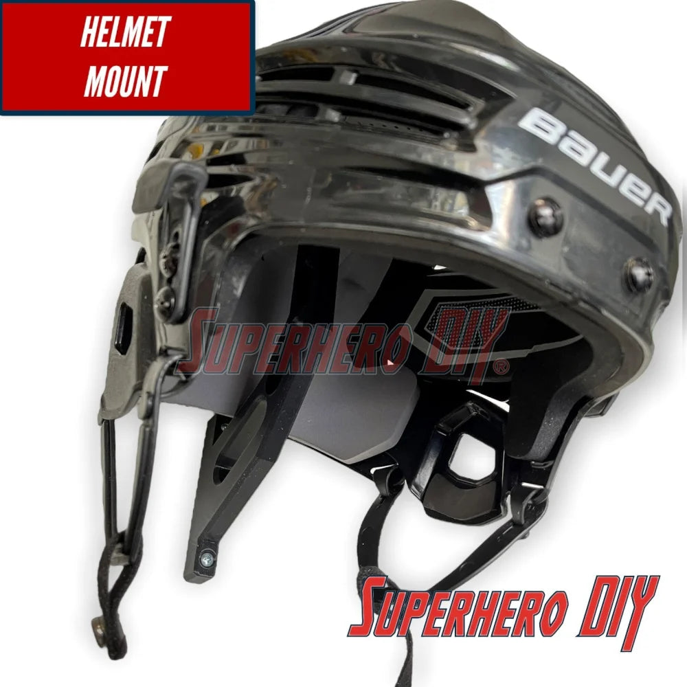 Wall-mounted hockey gear organizer includes a helmet mount for easy storage and access.