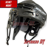 Wall-mounted hockey gear organizer includes a helmet mount for easy storage and access.
