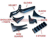 Wall-mounted hockey gear organizer bundle with labeled components: helmet, gloves, elbow, skate, shoulder+pants, shin guards, and 5 sticks!
