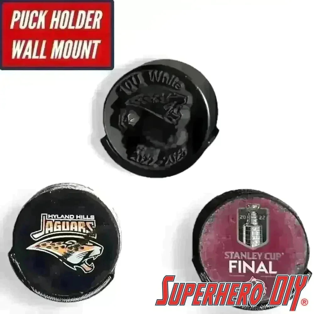 Hockey Puck Display Case Holder Wall Mount featuring three hockey pucks, perfect for displaying prized collection, durable and stylish.