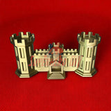 3D-printed replica of Army Engineer Castle on a red background symbolizing the U.S. Army Corps of Engineers.