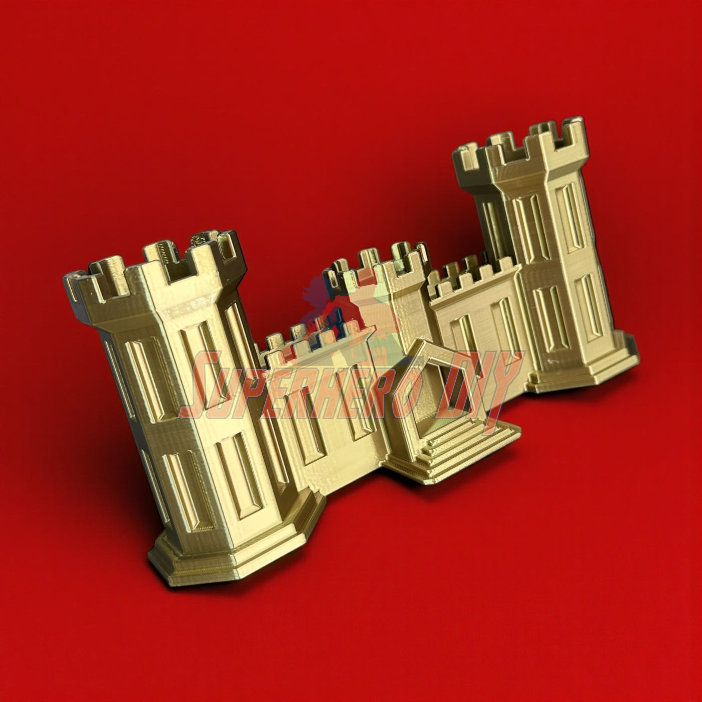 3D-printed Army Engineer Castle on red background, symbolizing the U.S. Army Corps of Engineers, perfect for combat engineers and veterans.