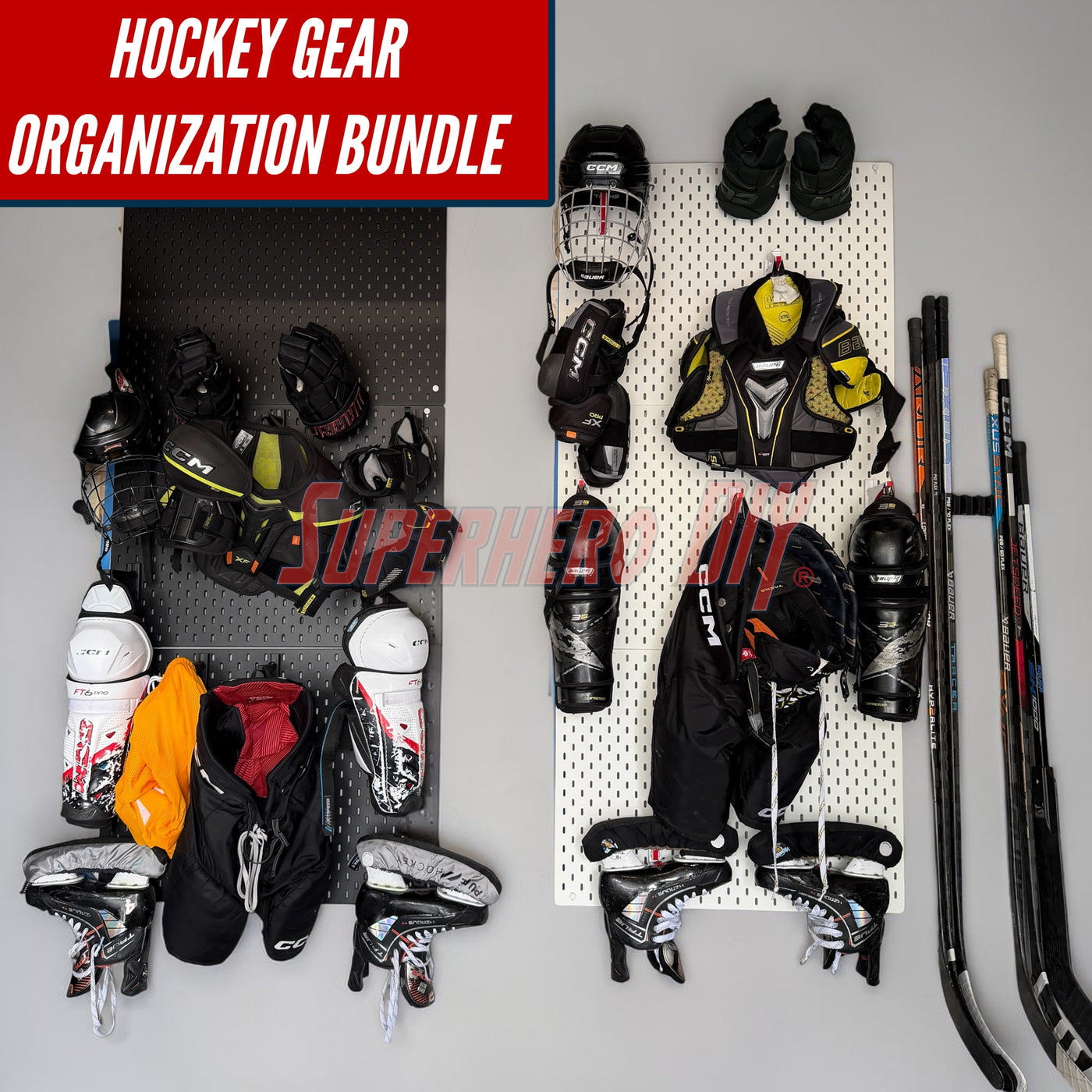 Wall-mounted hockey gear organizer with skates, gloves, and protective gear neatly arranged on the wall.