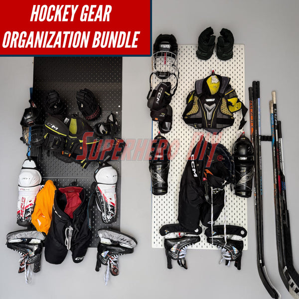 Wall-mounted hockey gear organizer with skates, gloves, and protective gear neatly arranged on the wall.