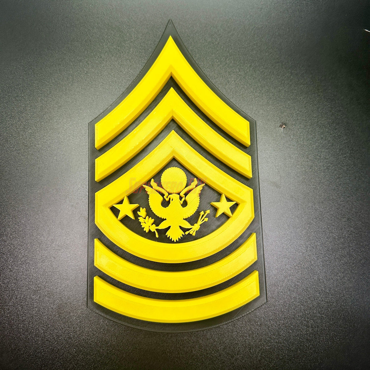 3D-printed Army enlisted rank insignia in yellow, Sergeant Major of the Army rank with eagle emblem