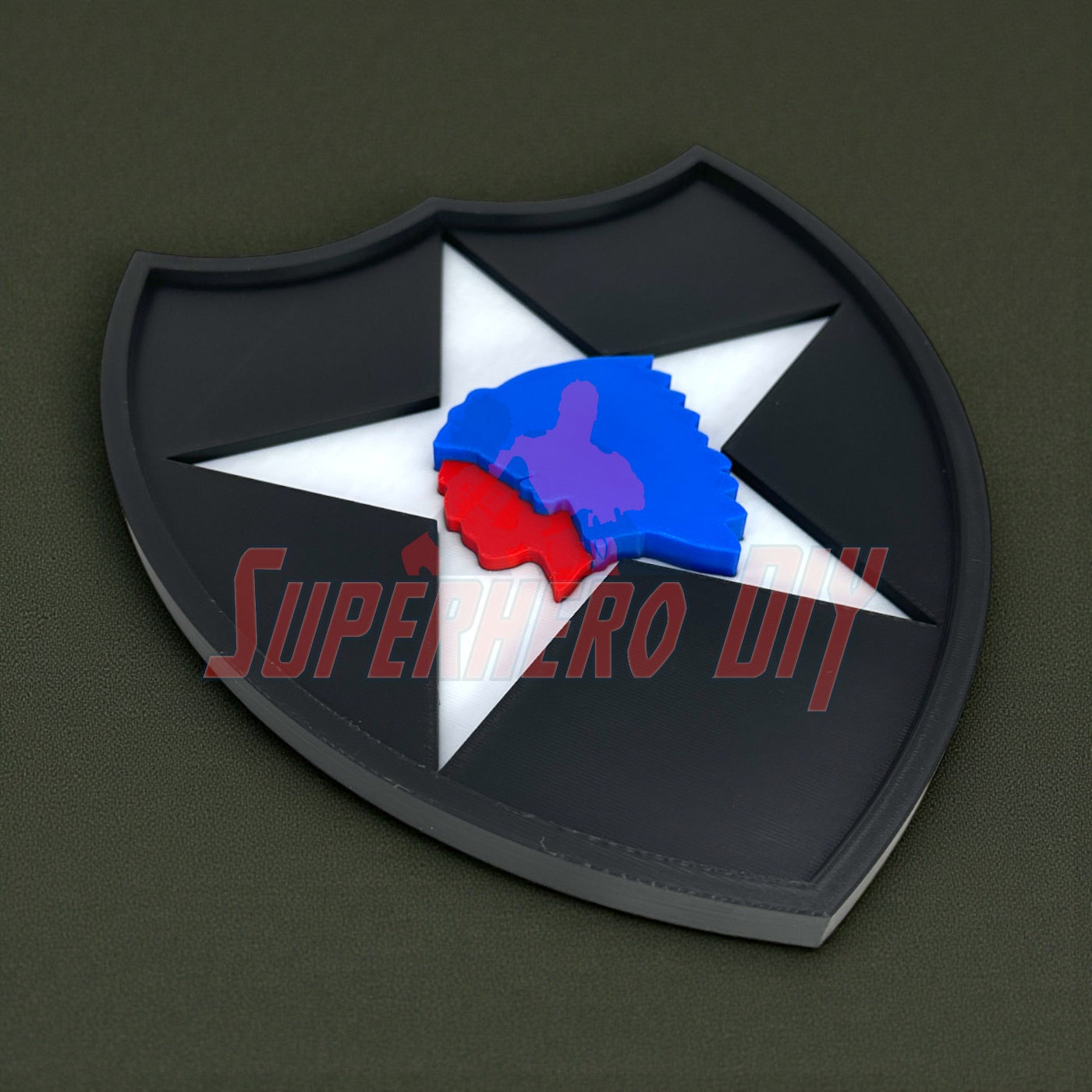 3D-printed 2nd Infantry Division display insignia patch in black and white with blue and red detailing, available in multiple sizes.