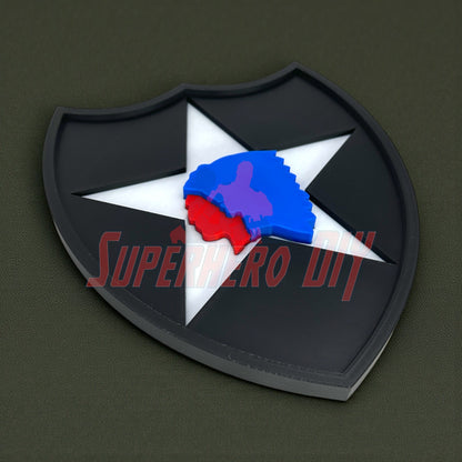 3D-printed 2nd Infantry Division display insignia patch in black and white with blue and red detailing, available in multiple sizes.
