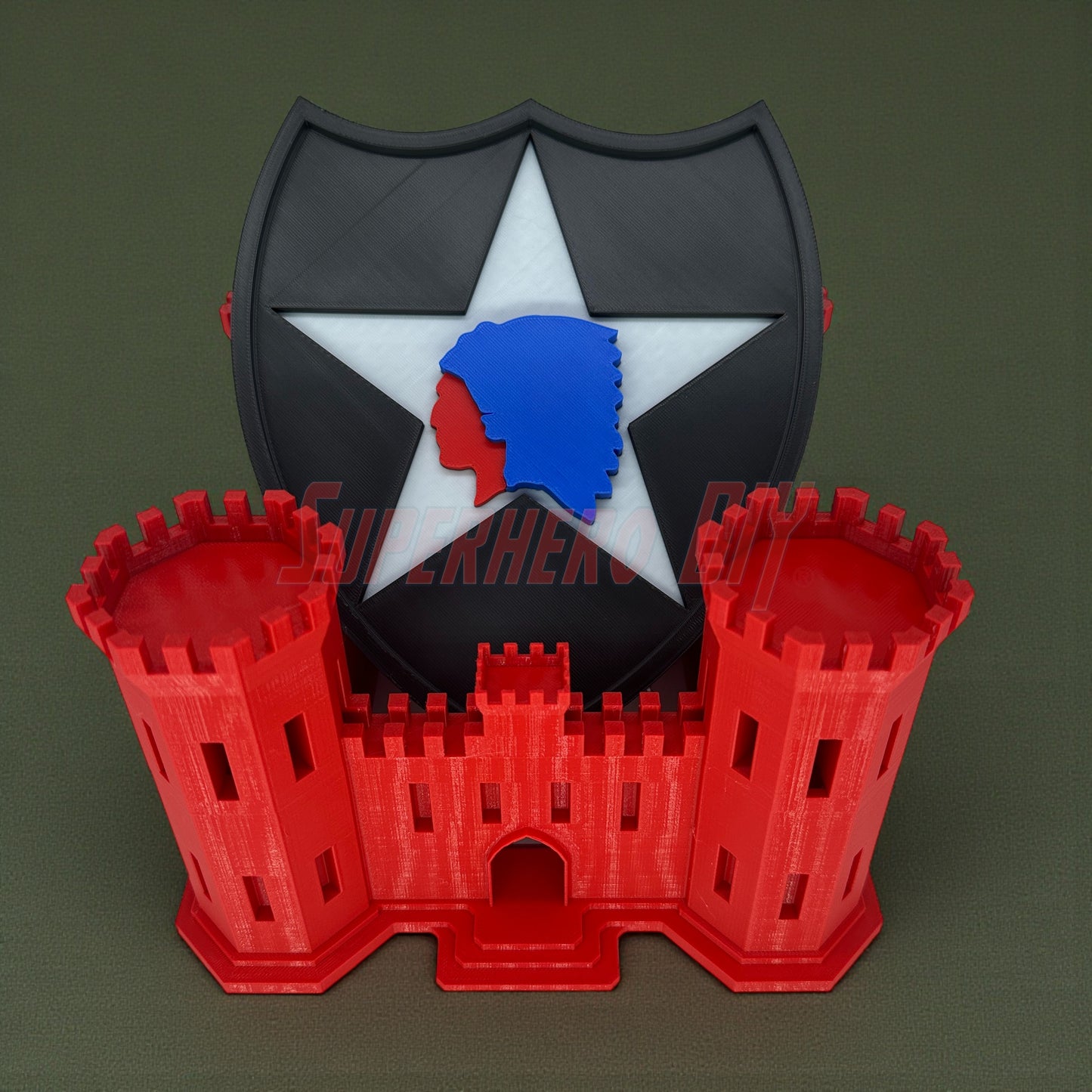 3D-printed 2nd Infantry Division display insignia patch with red castle base, available in multiple sizes for display.
