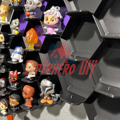 Honeycomb Wall Display for Disney Doorables: Organize and Showcase Your Collection with figurines securely displayed on hexagonal shelves.