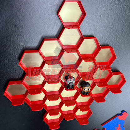 Honeycomb Display for 24 Disney Doorables shown with figures in red honeycomb pattern.