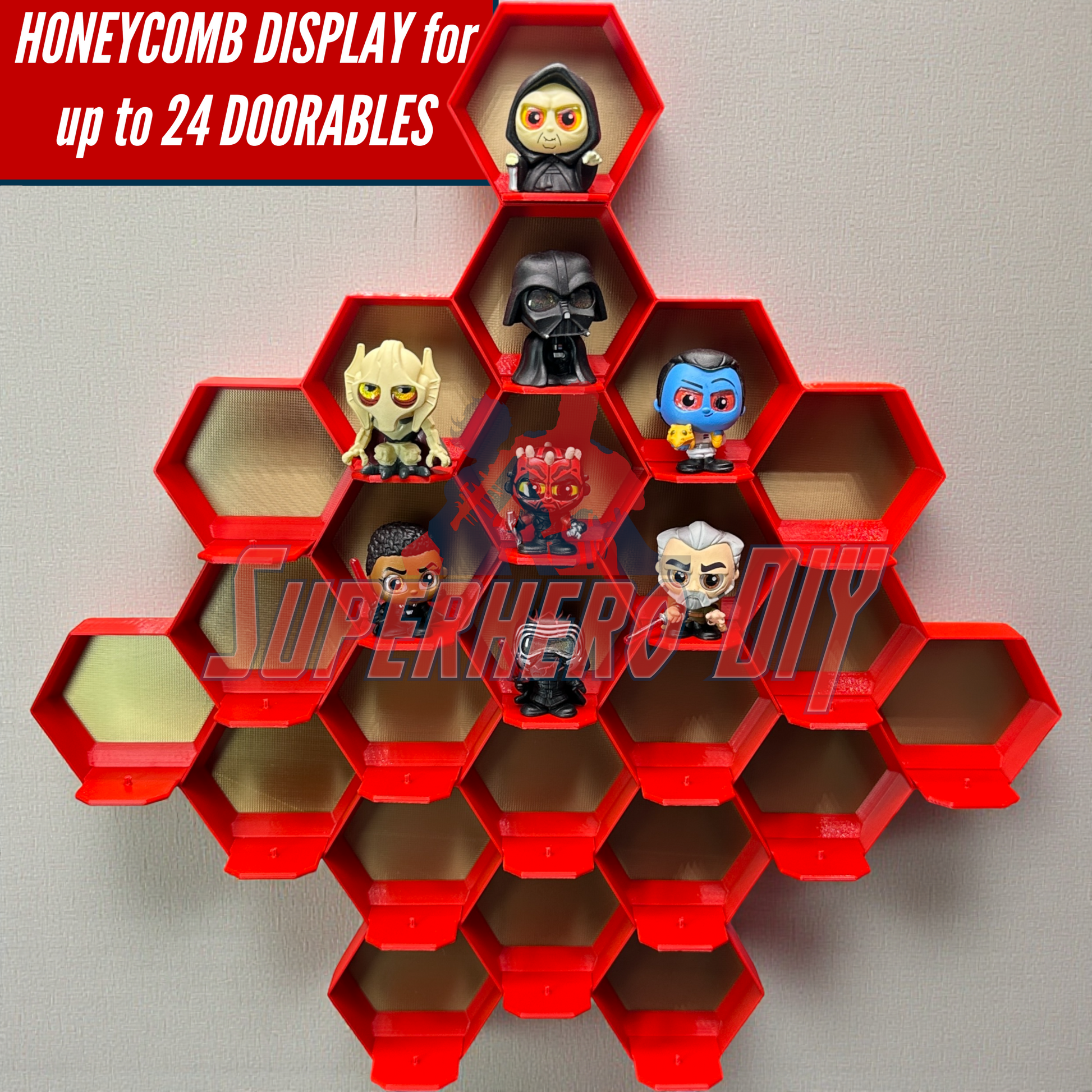 Honeycomb Display for 24 Disney Doorables showcasing collectible figures organized in a red honeycomb structure.