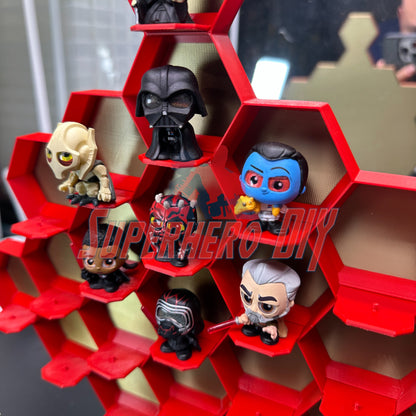 Honeycomb Display for 24 Disney Doorables showing various character figures in red 3D-printed shelves.