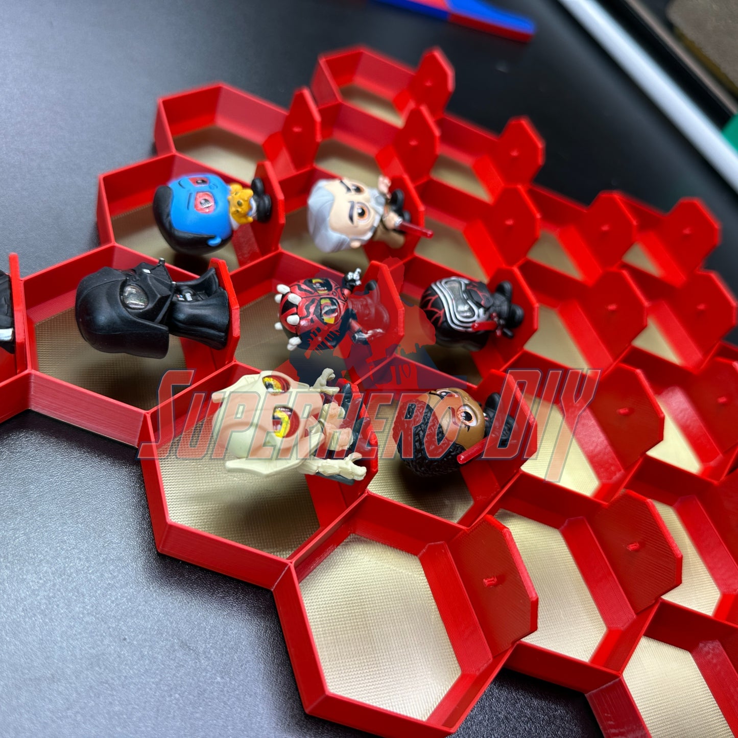 Honeycomb Display for 24 Disney Doorables showing colorful Doorables organized in a red hexagonal pattern display stand.