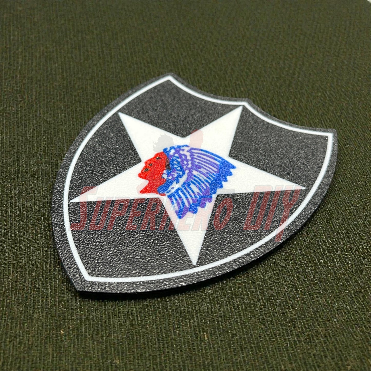 3D-printed 2nd Infantry Division display insignia patch on green background, available in multiple sizes from 4 to 12 inches for wall displays.