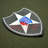 Close-up of 2nd Infantry Division display insignia in black and white with Indian head design, available in multiple sizes for display.