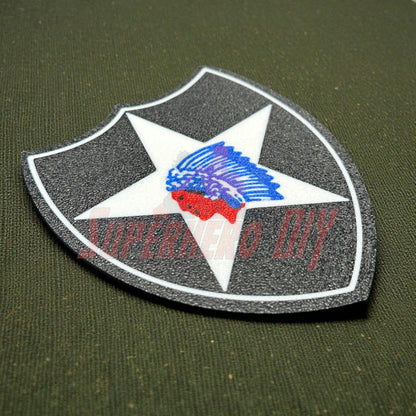 Close-up of 2nd Infantry Division display insignia in black and white with Indian head design, available in multiple sizes for display.