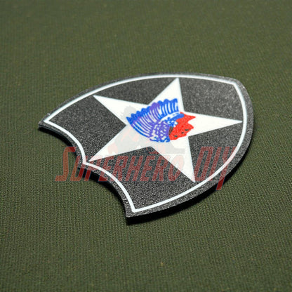 3D-printed 2nd Infantry Division display insignia patch on green background, available in multiple sizes for wall or shadowbox display.