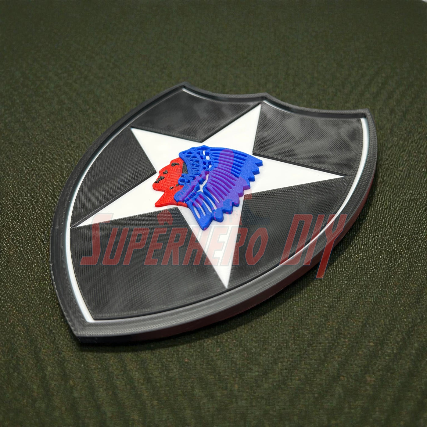 3D-printed 2nd Infantry Division display insignia patch on textured surface