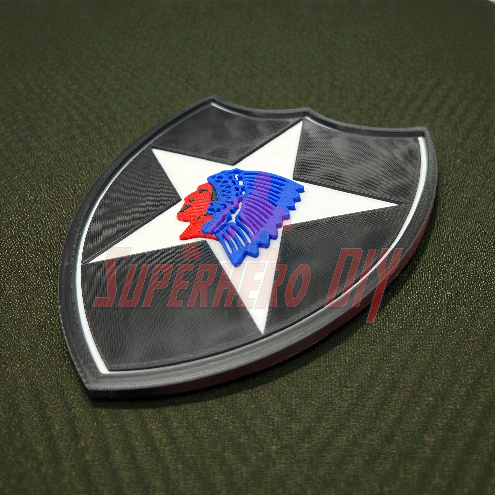 3D-printed 2nd Infantry Division display insignia patch on textured surface