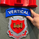 3D vertical construction engineer tab with blue vertical banner and red shield, highlighting construction achievements.