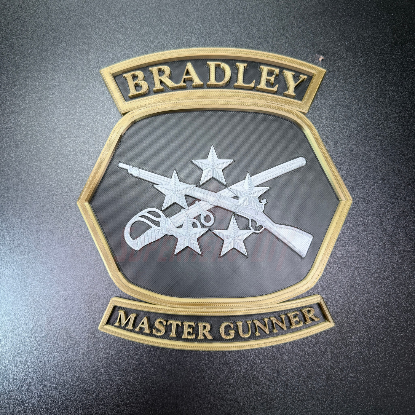 3D Bradley Master Gunner Badge display insignia featuring crossed weapons and stars.