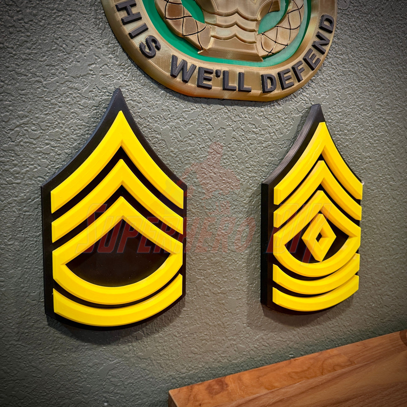 3D-printed Army enlisted rank insignia in yellow, showcasing sergeant stripes for military display decor.