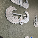 Air Assault Badge display with shiny silver finish mounted on wall.