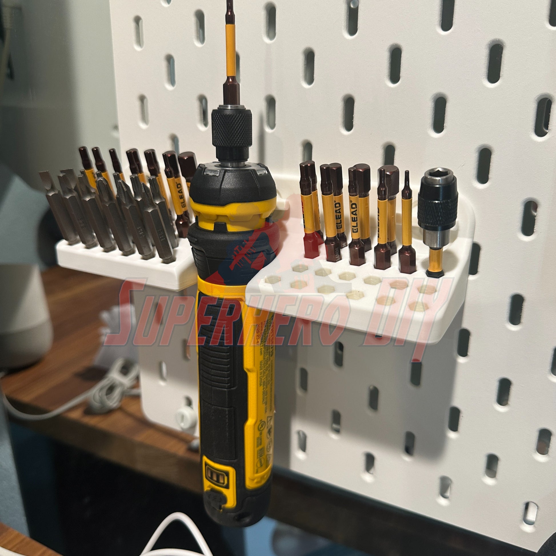 Wall-mounted DeWalt cordless screwdriver organizer with various bits, ideal for DeWalt DWHT66719 cordless screwdriver.