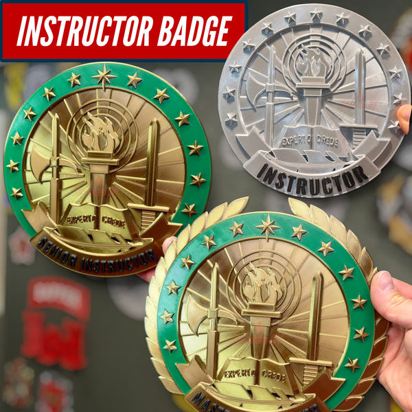Three Army instructor badges - basic, senior, and master instructor. Designed by veteran Superhero DIY. 