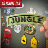 Close-up of a 3D jungle tab display piece with JUNGLE lettering on an army green background.