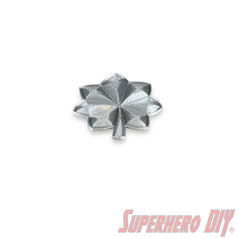 Lieutenant colonel rank insignia in shiny silver finish for military displays and costume use.