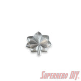 Lieutenant Colonel rank insignia in shiny silk PLA, O-5 silver oak leaf for military display or gifts.