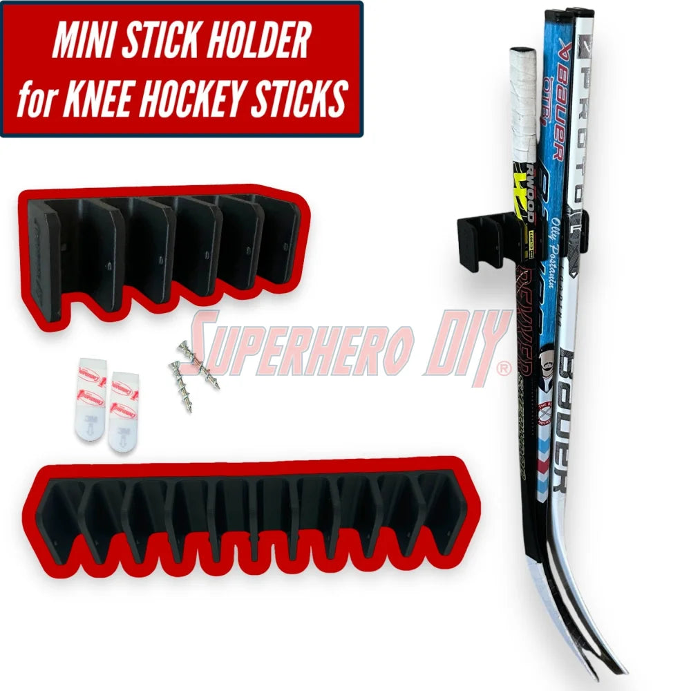 Wall-mounted mini stick holder for knee hockey sticks with slots for organizing and displaying multiple sticks. Includes screws for installation.