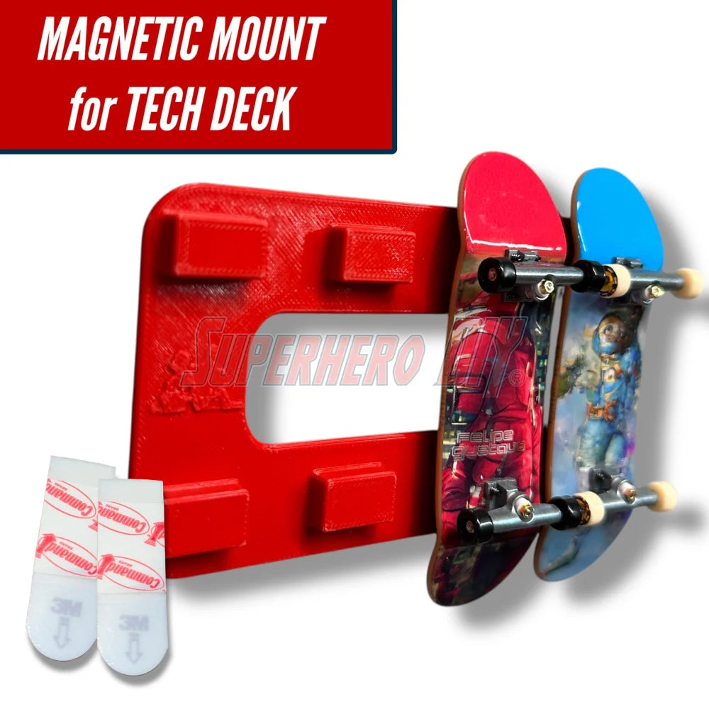 Red magnetic Tech Deck wall mount holding two fingerboards with included adhesive strips