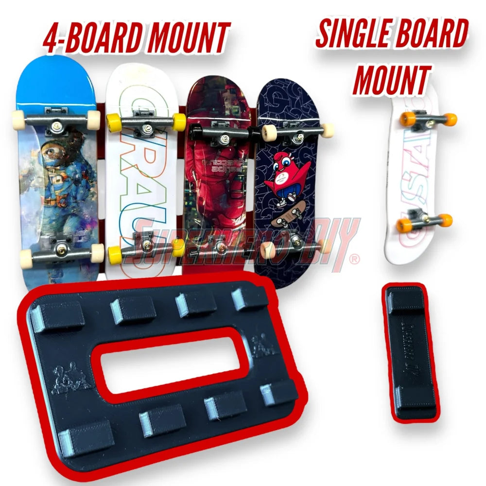Magnetic Tech Deck wall mount display showing 4-board and single board mounts for fingerboards