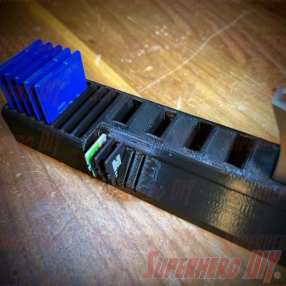 Multi-type SD Card Holder | Memory card tray holds up to 9 SD cards, USB Flash Drives, MiniSD cards | Desk organizer | Camera accessories - Superhero DIY