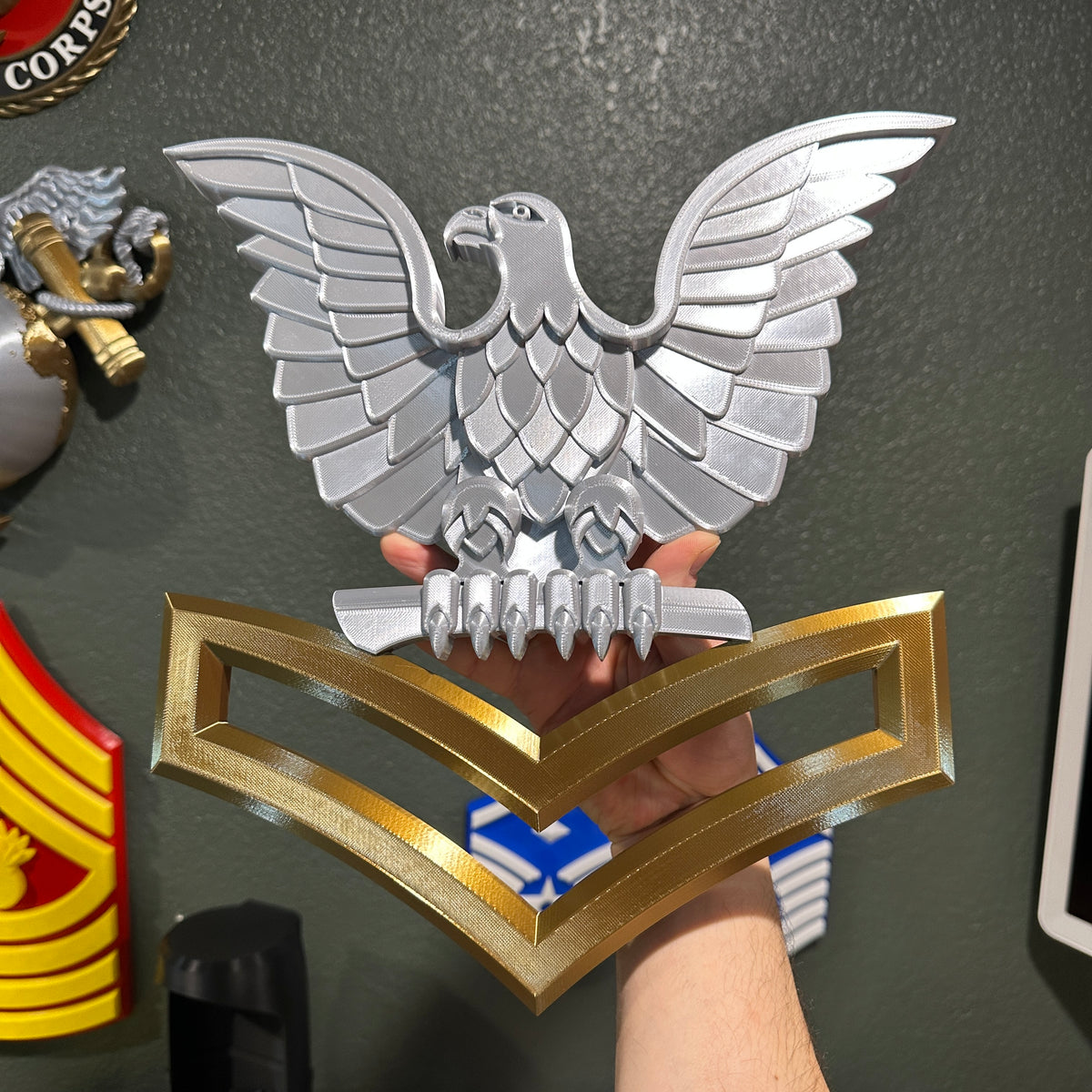 Petty Officer Second Class (PO2) Navy rate insignia display, Silver/Gold option