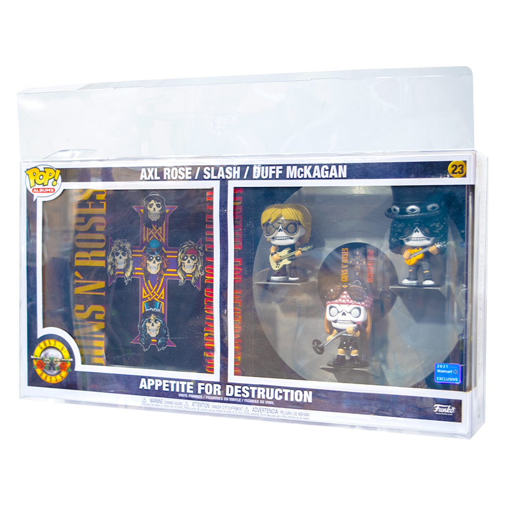Deluxe Albums PopShield Protectors protecting Guns N' Roses Funko Pop figures.