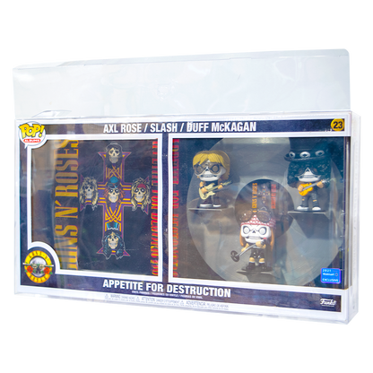 Deluxe Albums PopShield Protectors protecting Guns N' Roses Funko Pop figures.