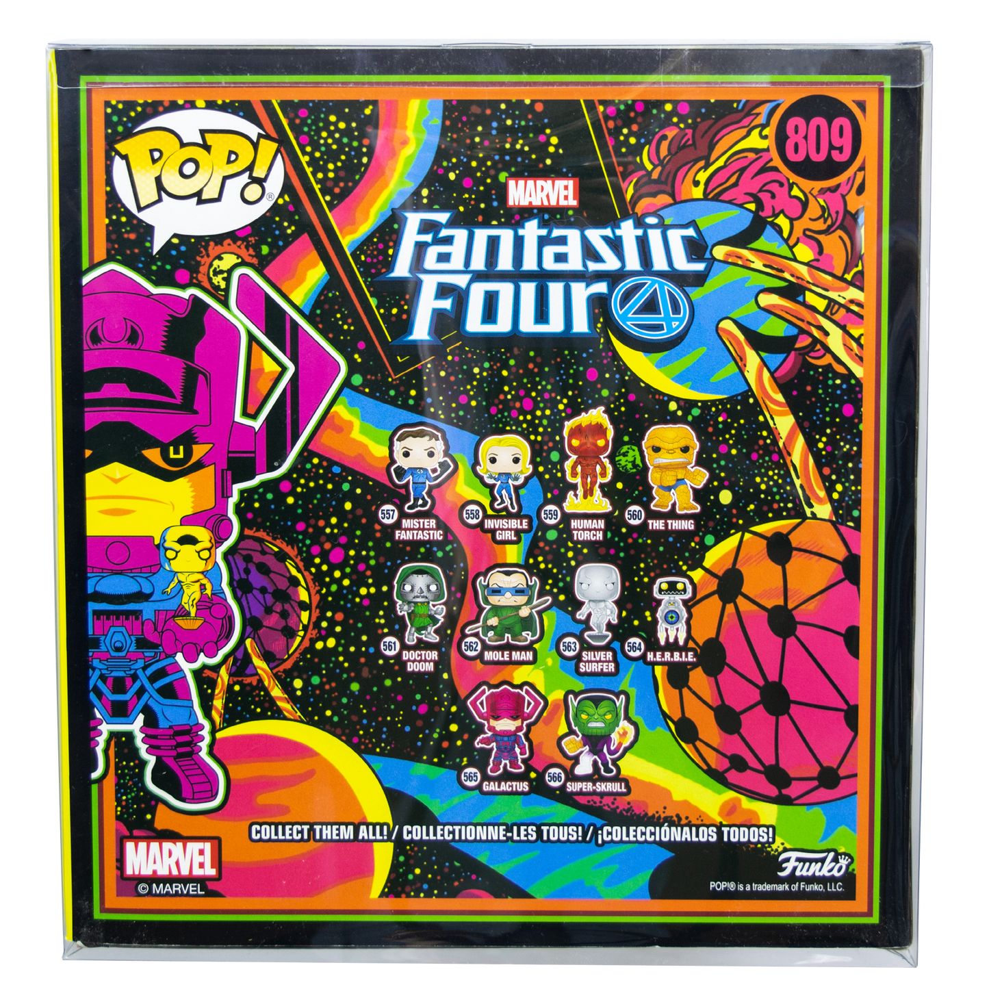 Fantastic Four Funko Pop collectible figures in vibrant protective case, showcasing colorful characters with cosmic background.