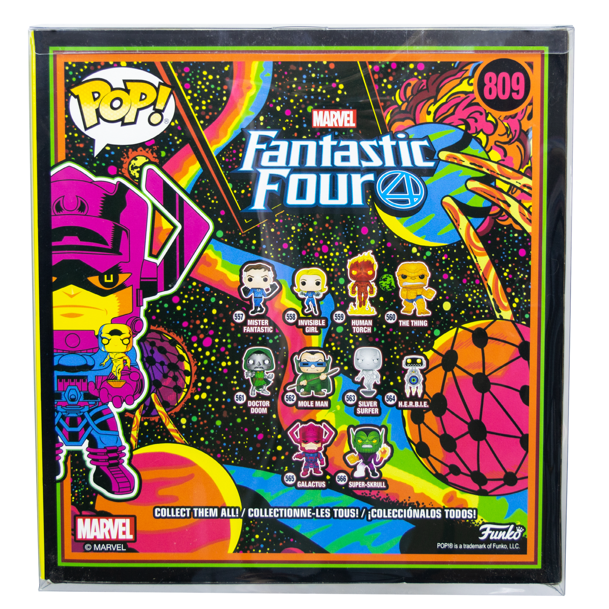Fantastic Four Funko Pop collectible figures in vibrant protective case, showcasing colorful characters with cosmic background.